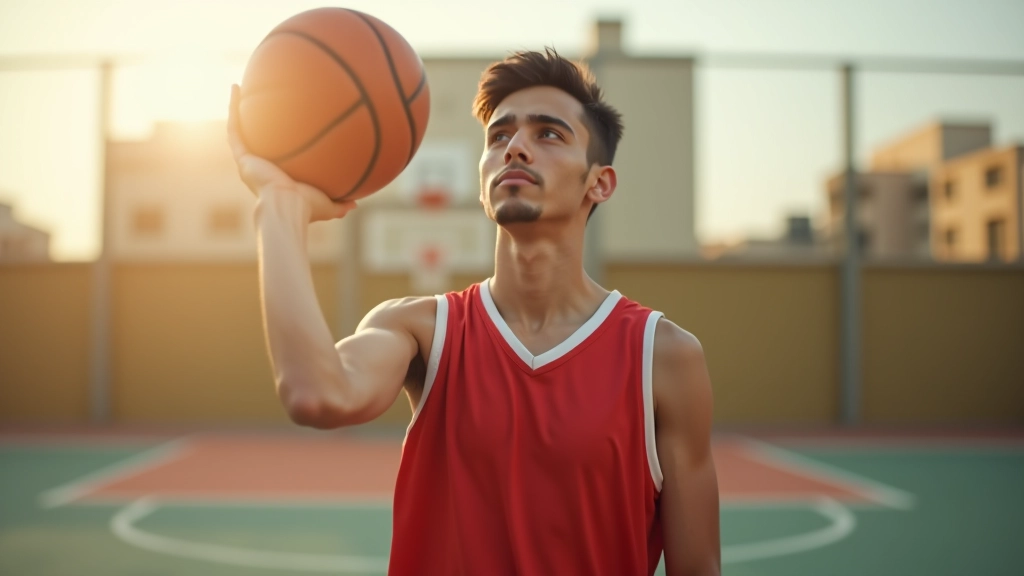 لاعب شاب يمارس رميات ثلاثية على ملعب مفتوح مع زملاء الفريق في الخلفية